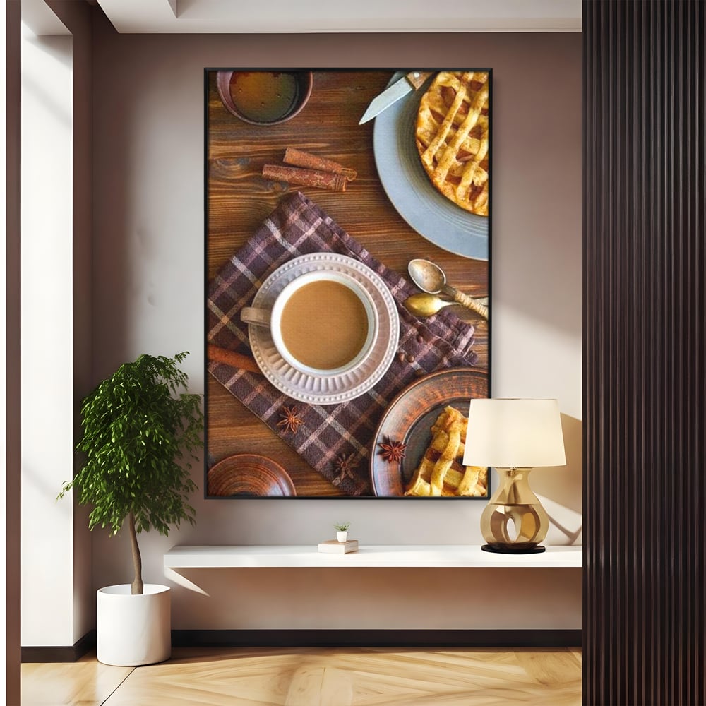 Tablou canvas cu natura moarta cu cafea si placinta, in rama de aluminiu negru